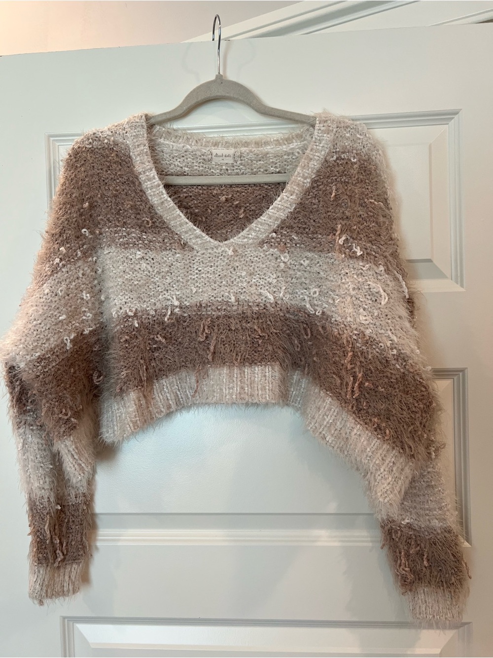Altar’d State Eyelash Stripe Cropped Sweater Medium Cozy Boho Soft Knit Pullover - Picture 10 of 11